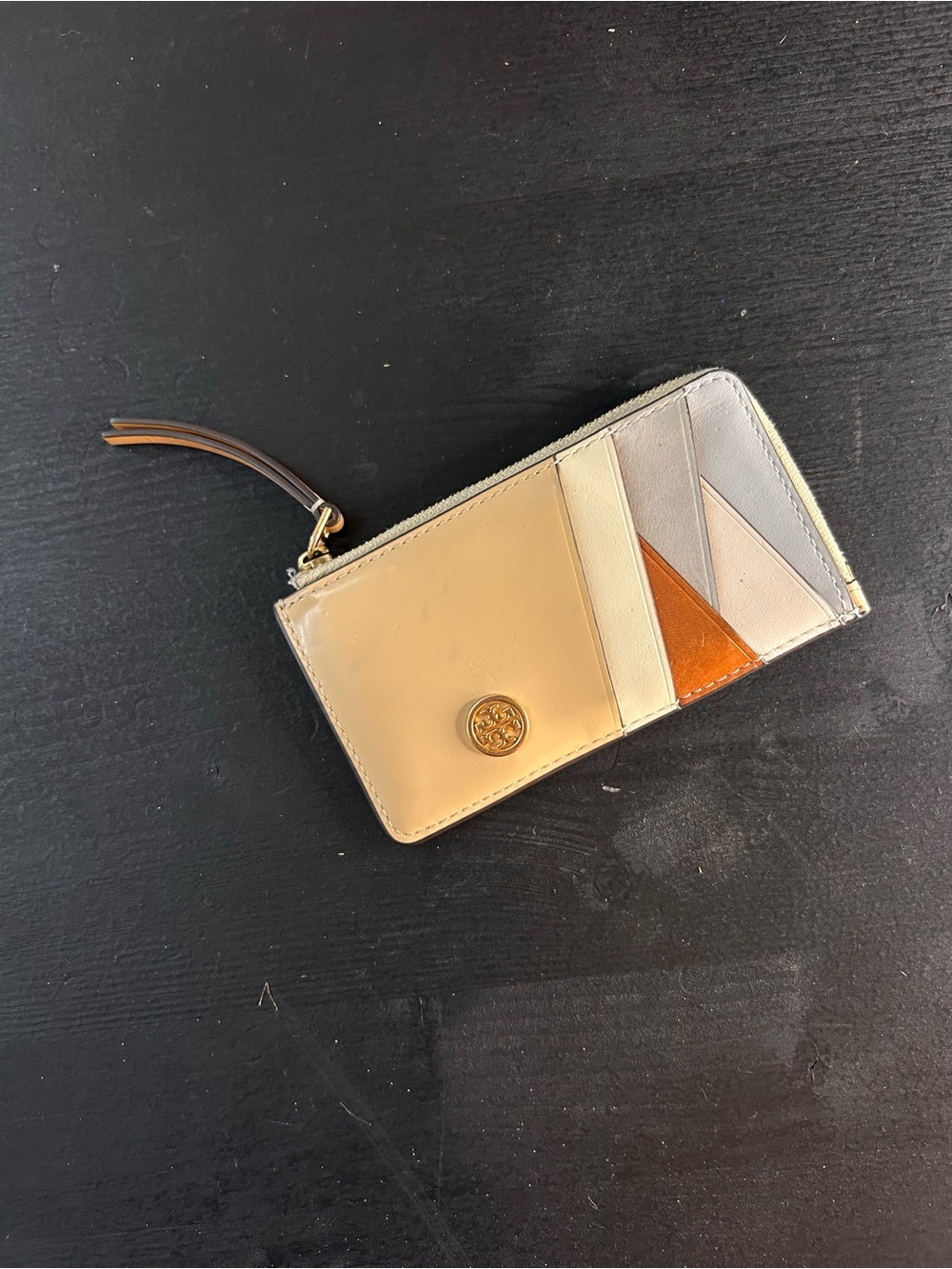 Beige and Tan Leather Zip Card Wallet with Accent Panels